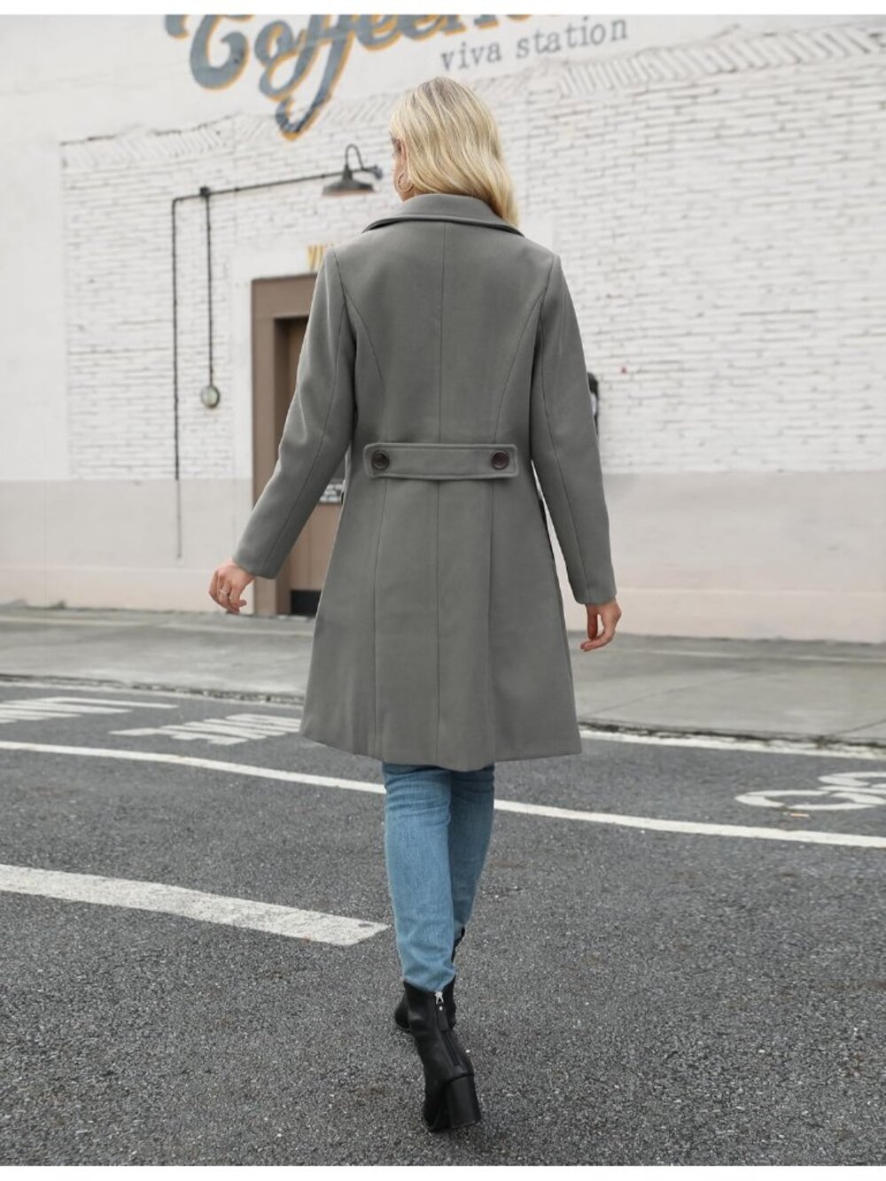 Women's Dark Grey Chic Wool Blend Mid-Long Notch Double-Breasted Trench Pea Coat - Picture 6 of 6